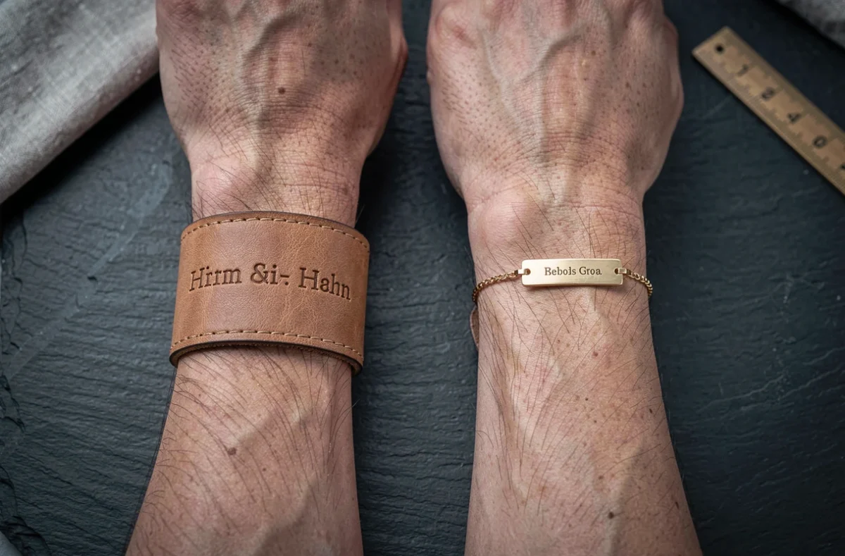 Comparaison de deux bracelets homme gravés portés côte à côte, un bracelet cuir et un bracelet chaîne doré, pour illustrer les différentes tailles disponibles