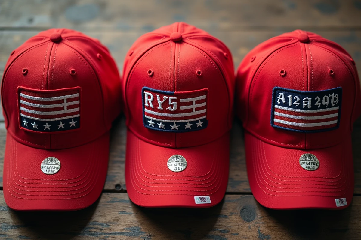 Vue aérienne de trois casquettes Trump collector avec détails de broderie et étiquettes d'authenticité comparées côte à côte