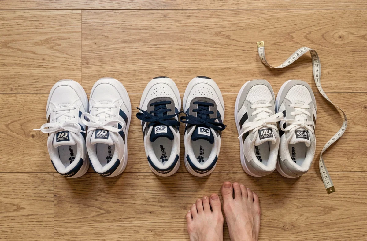 Comparaison de pointures de chaussures Adidas enfant avec un pied et un mètre ruban sur parquet