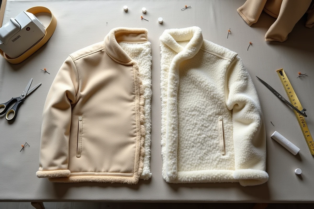 Vue comparative en flat lay d'une doublure sherpa correctement posée et d'une doublure avec des erreurs de couture visibles