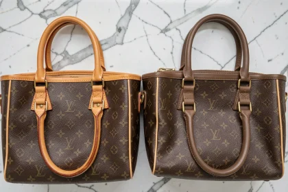 Comparaison côte à côte d'un vrai et d'un faux sac Louis Vuitton sur fond marbre, détails monogramme et coutures