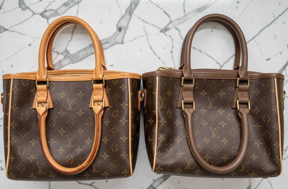 Comparaison côte à côte d'un vrai et d'un faux sac Louis Vuitton sur fond marbre, détails monogramme et coutures