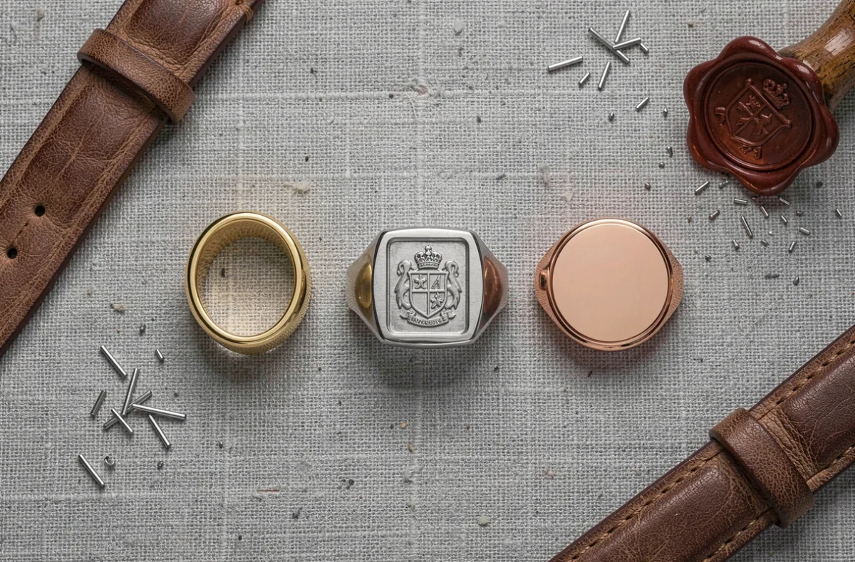 Comparatif de trois chevalières personnalisées pour homme en or jaune, argent et or rose sur fond de lin gris