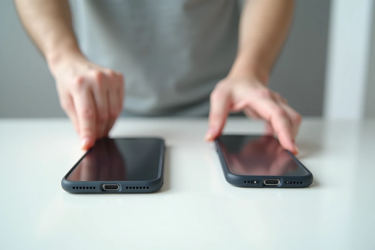Deux coques iPhone de tailles légèrement différentes comparées côte à côte, illustrant la confusion entre coque iPhone 14 Pro Max et iPhone 14 Plus