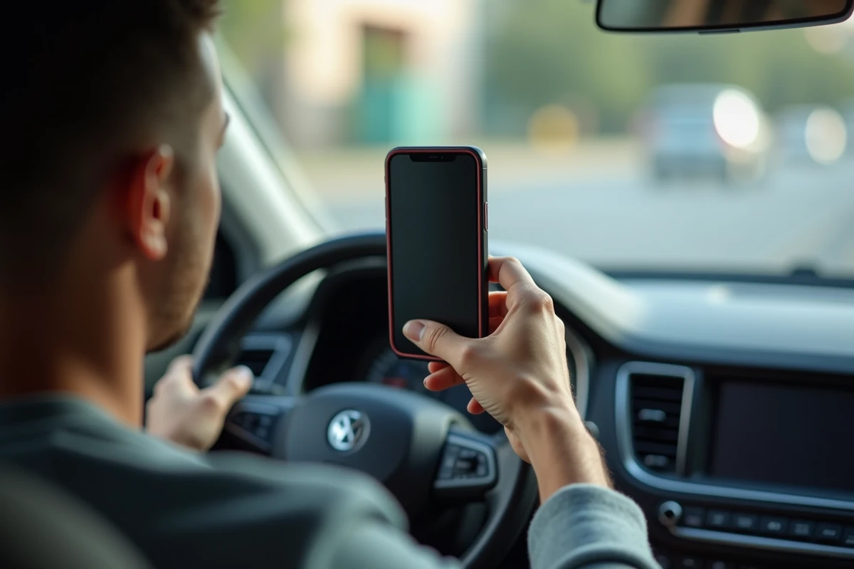 Personne en voiture tentant de fixer un iPhone avec une coque épaisse sur un support magnétique de tableau de bord, illustrant les problèmes de compatibilité