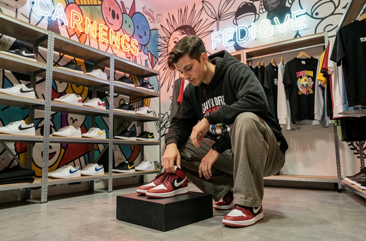 Jeune homme examinant des sneakers en édition limitée dans la boutique Corner Street à Marseille