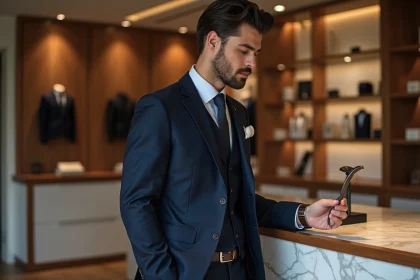 Homme élégant en costume navy et montre de luxe