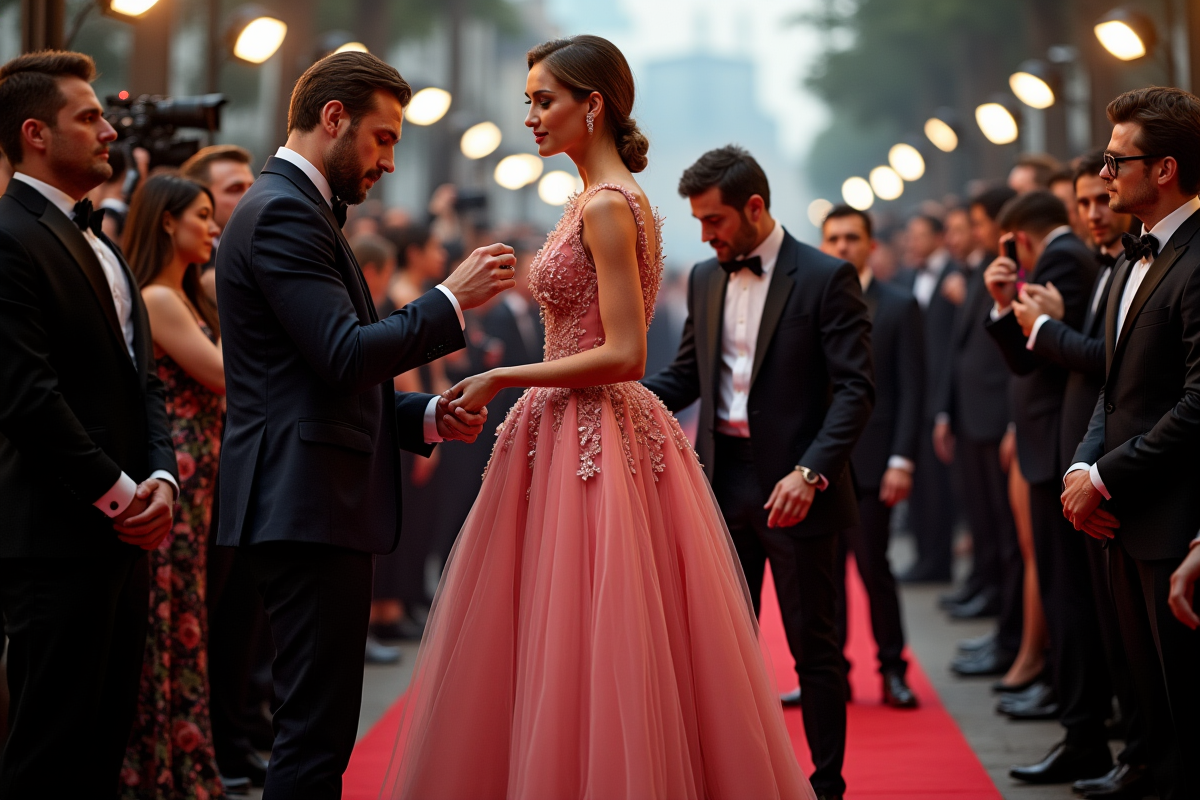 Équipe de mode en coulisses préparant une robe élégante pour une célébrité