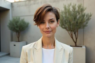 Femme aux traits ronds avec une coupe courte pixie moderne qui affine le visage, portant un blazer crème, dans une cour urbaine minimaliste