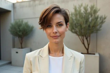 Femme aux traits ronds avec une coupe courte pixie moderne qui affine le visage, portant un blazer crème, dans une cour urbaine minimaliste