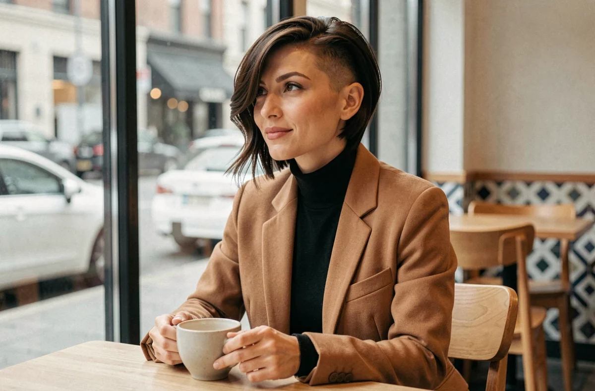 Femme aux cheveux courts style coupe garçon dans un café parisien tendance automne 2026