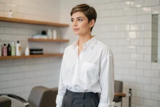 Femme avec une coupe garçon tendance pixie cut en salon de coiffure pour la rentrée 2026