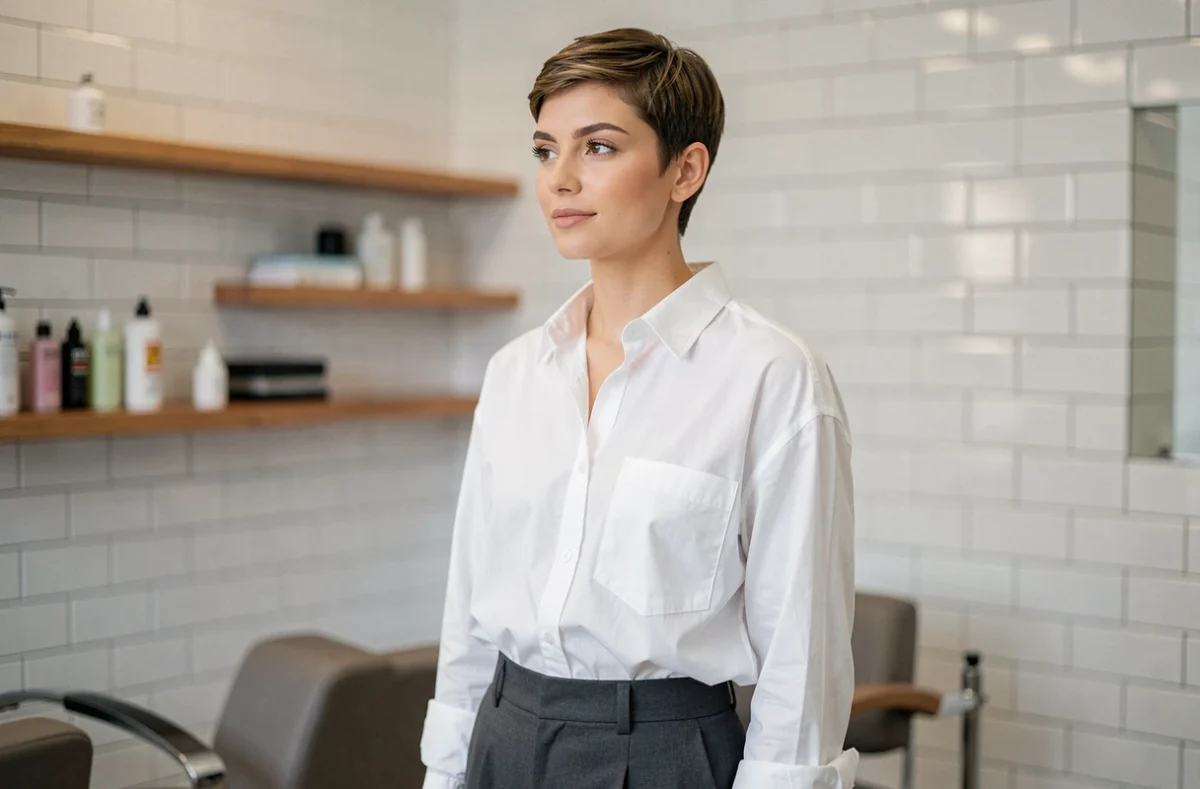 Femme avec une coupe garçon tendance pixie cut en salon de coiffure pour la rentrée 2026