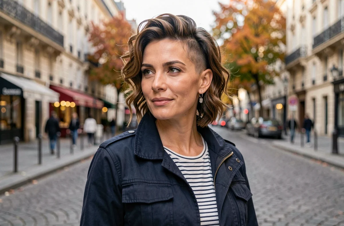 Femme avec coupe garçon undercut dans une rue parisienne en automne pour la rentrée 2026
