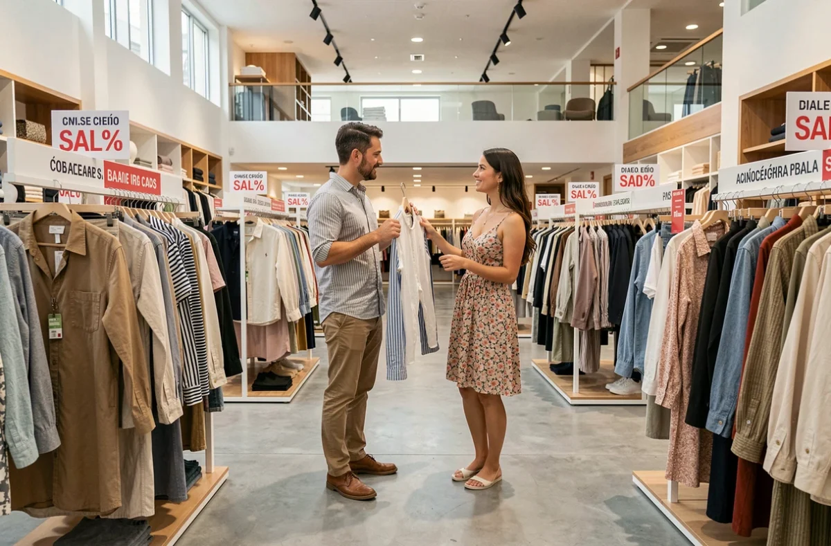 Couple en train de faire du shopping dans un grand magasin espagnol lors des soldes, comparant des vêtements parmi des rayons bien achalandés