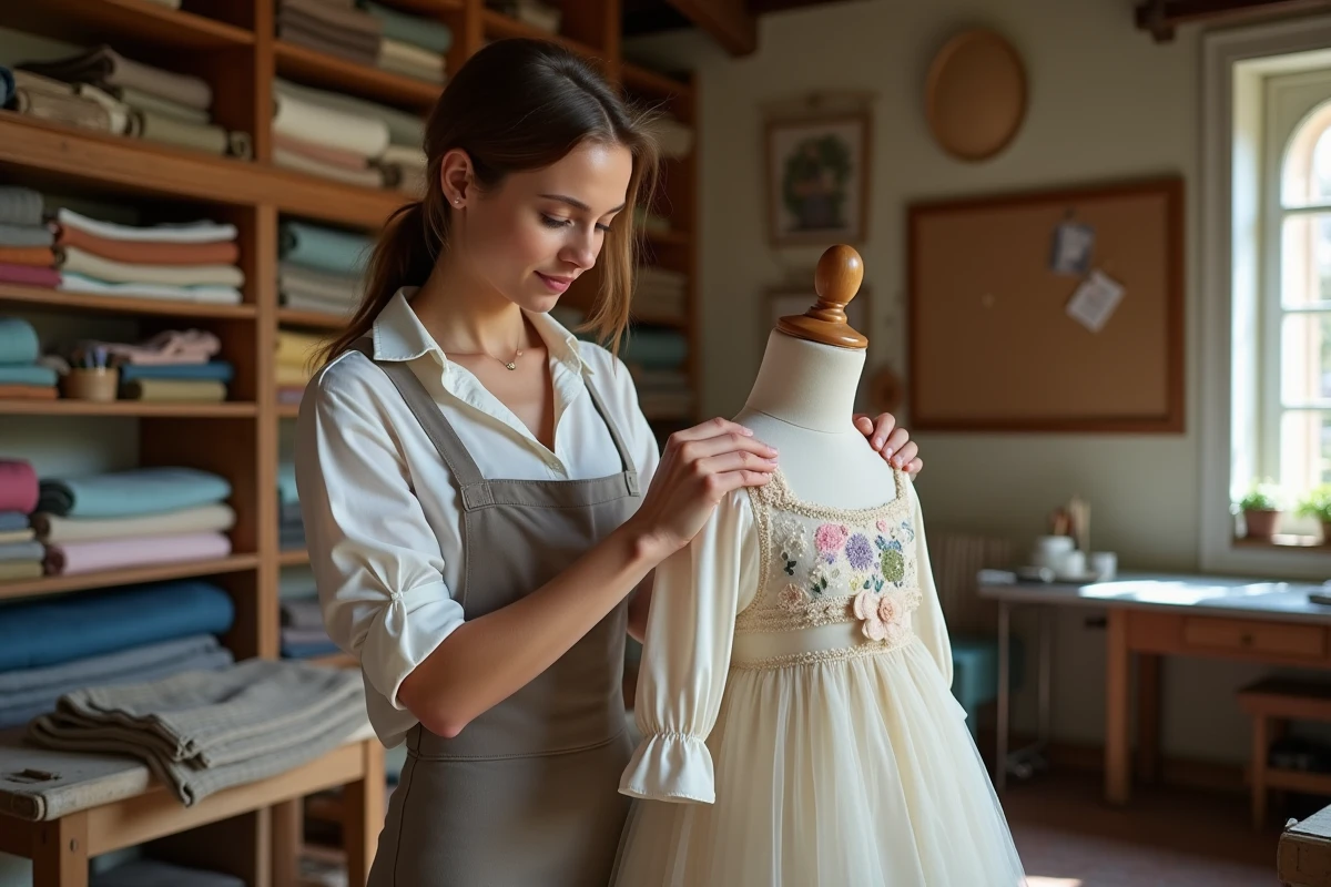 Couturière ajustant une robe d'enfant dans son atelier