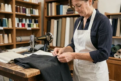 Couturière professionnelle épinglant l'ourlet d'un pantalon en laine sur un mannequin dans un atelier de retouche