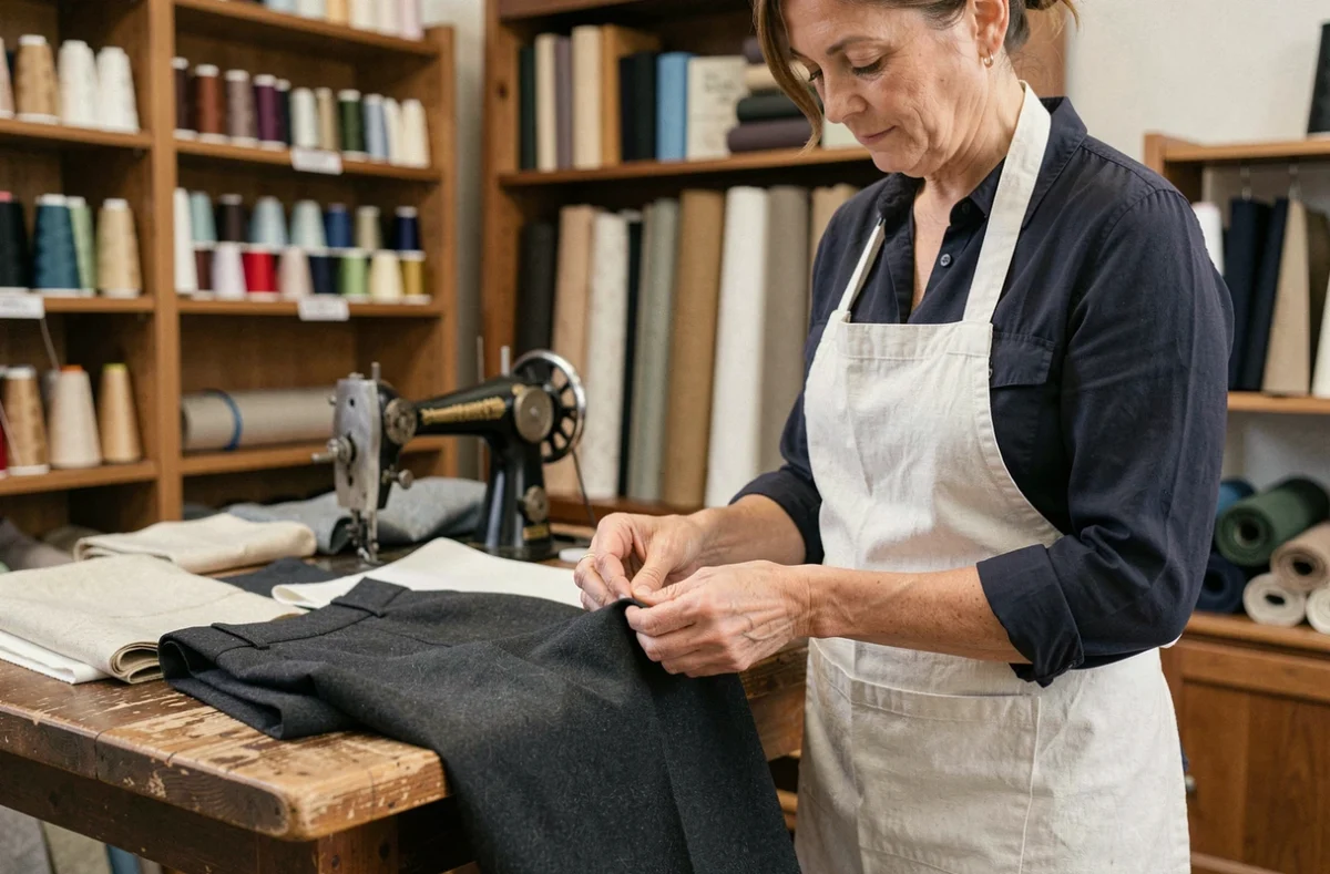 Couturière professionnelle épinglant l'ourlet d'un pantalon en laine sur un mannequin dans un atelier de retouche
