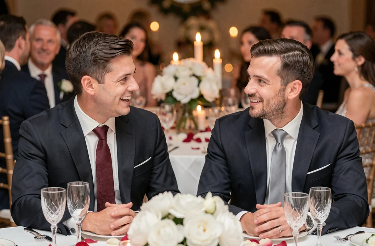 Deux hommes en costume avec cravates Windsor lors d'un dîner de mariage chic, détail des noeuds en soie bordeaux et gris