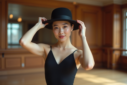 Jeune danseuse ajustant son chapeau noir dans un studio