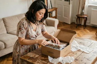 Femme déballant une commande de la boutique Lucie Roussel dans un appartement parisien, découvrant une robe florale soigneusement emballée