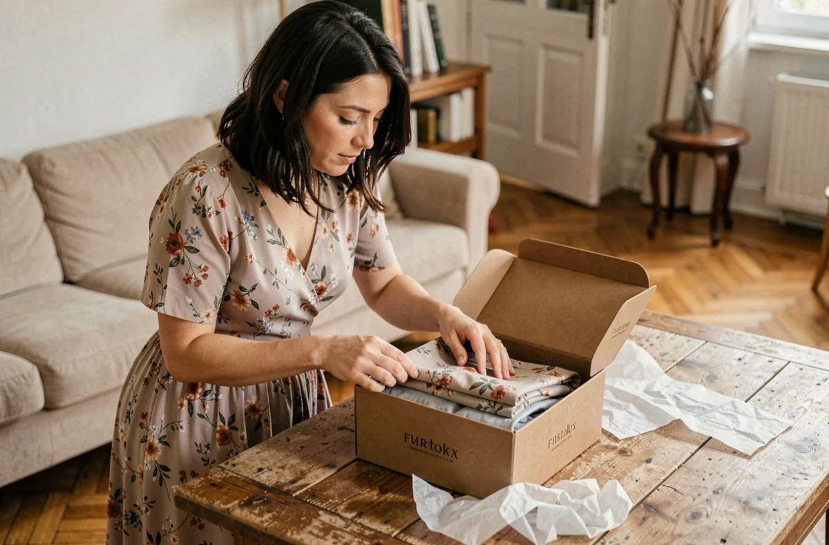 Femme déballant une commande de la boutique Lucie Roussel dans un appartement parisien, découvrant une robe florale soigneusement emballée