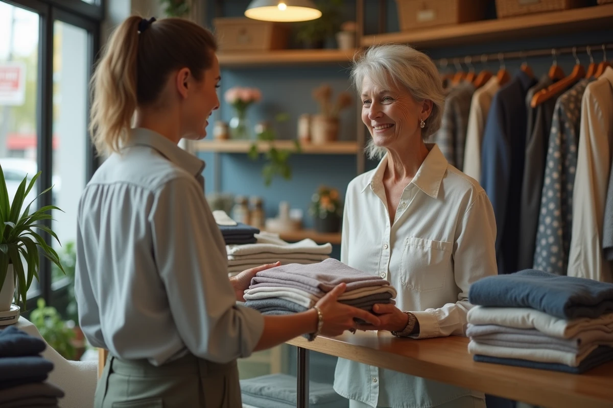 Femme déposant ses vêtements préparés au comptoir d'un pressing, échangeant avec la réceptionniste dans une boutique de nettoyage à sec