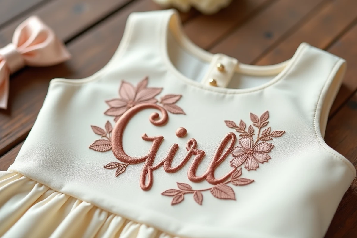 Détail de broderie personnalisée avec prénom en fil or rose sur une robe de princesse ivoire pour enfant posée à plat