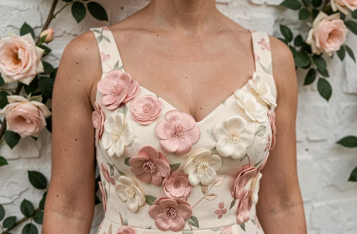 Détail broderies florales sur le corsage d'une robe cocktail fleurie encolure cœur