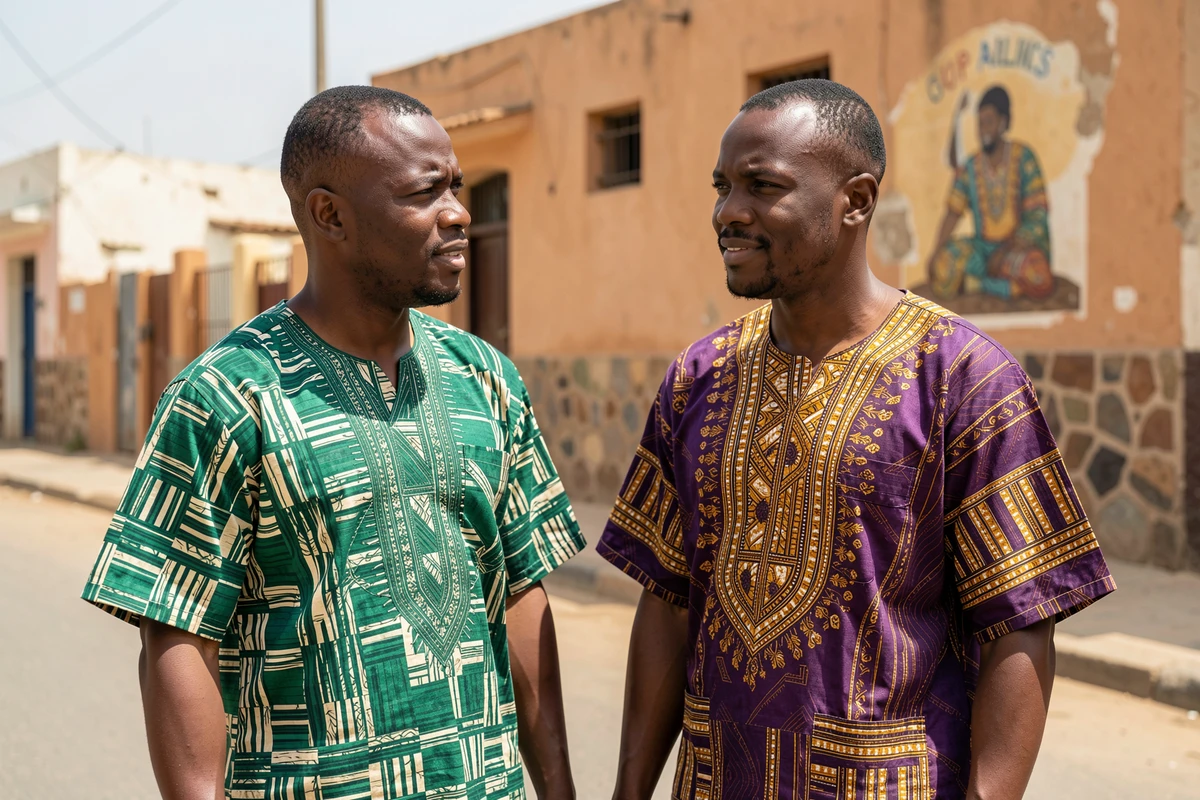 Deux hommes portant des chemises africaines wax contrastées dans une rue colorée de Dakar, mode dashiki tendance 2026