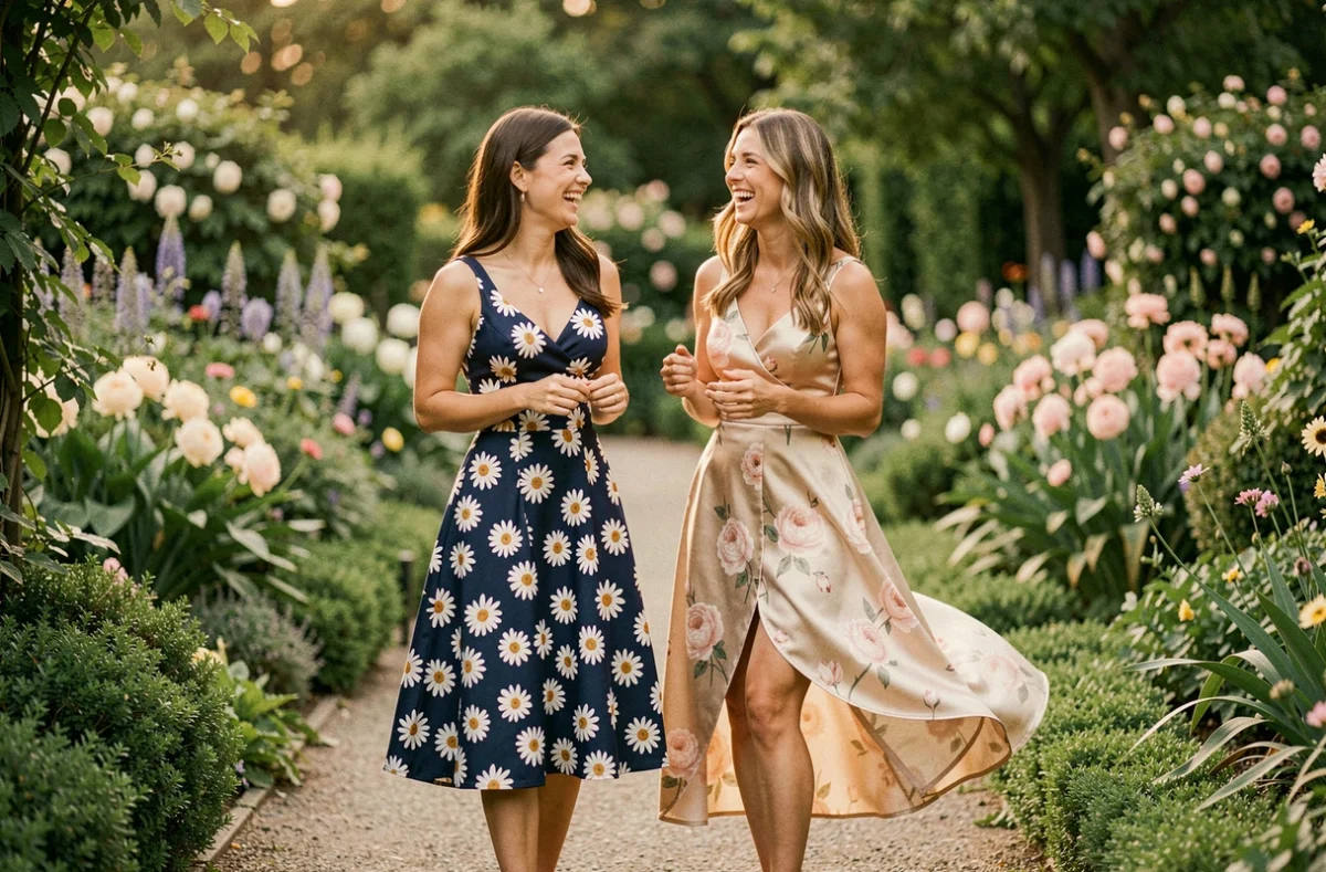 Deux femmes en robes cocktail fleuries dans un jardin botanique, style éditorial candide