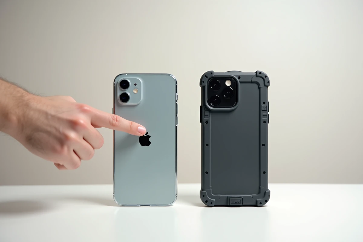 Deux coques iPhone comparées côte à côte, l'une anti-rayures fine et l'autre anti-chocs renforcée, soulignant leurs différences de protection