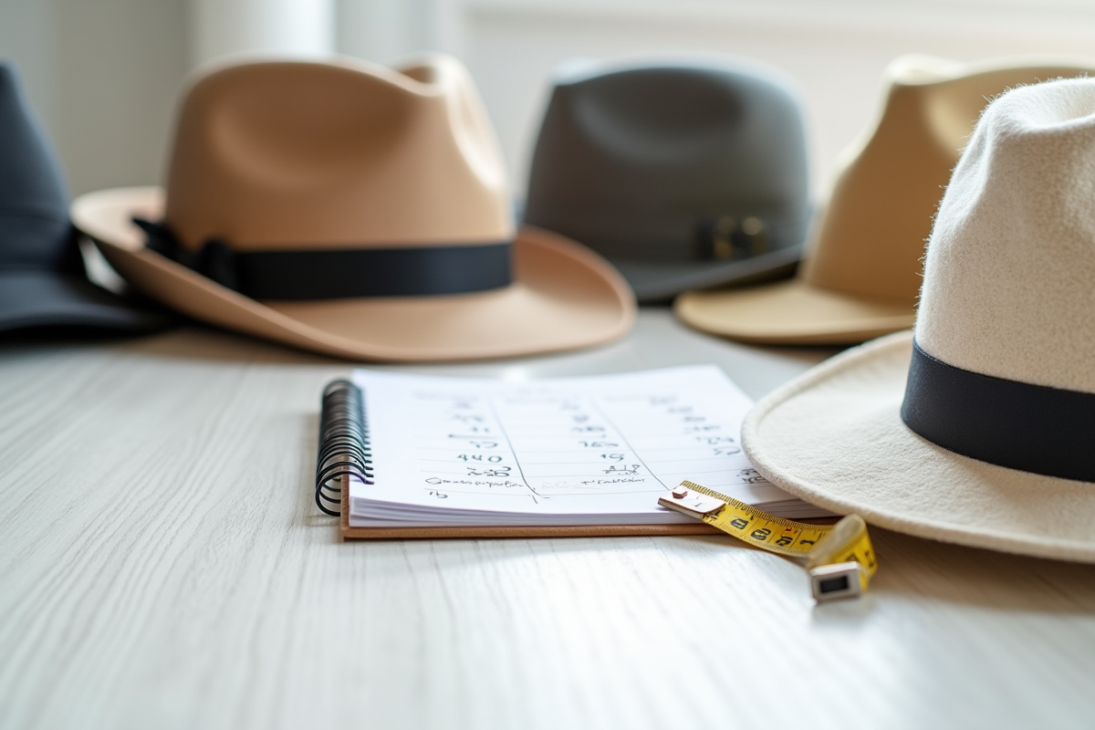 Chapeaux variés sur une table avec un carnet et un mètre