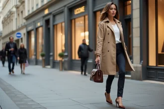 Femme élégamment habillée se promenant avenue Montaigne à Paris, adoptant un dress code chic et raffiné devant les vitrines de luxe