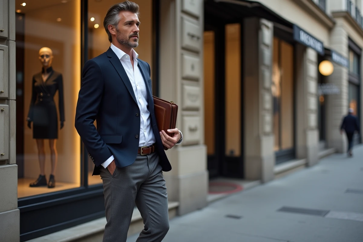 Homme en tenue chic business casual devant une boutique de luxe avenue Montaigne, illustrant le dress code approprié pour cette artère parisienne