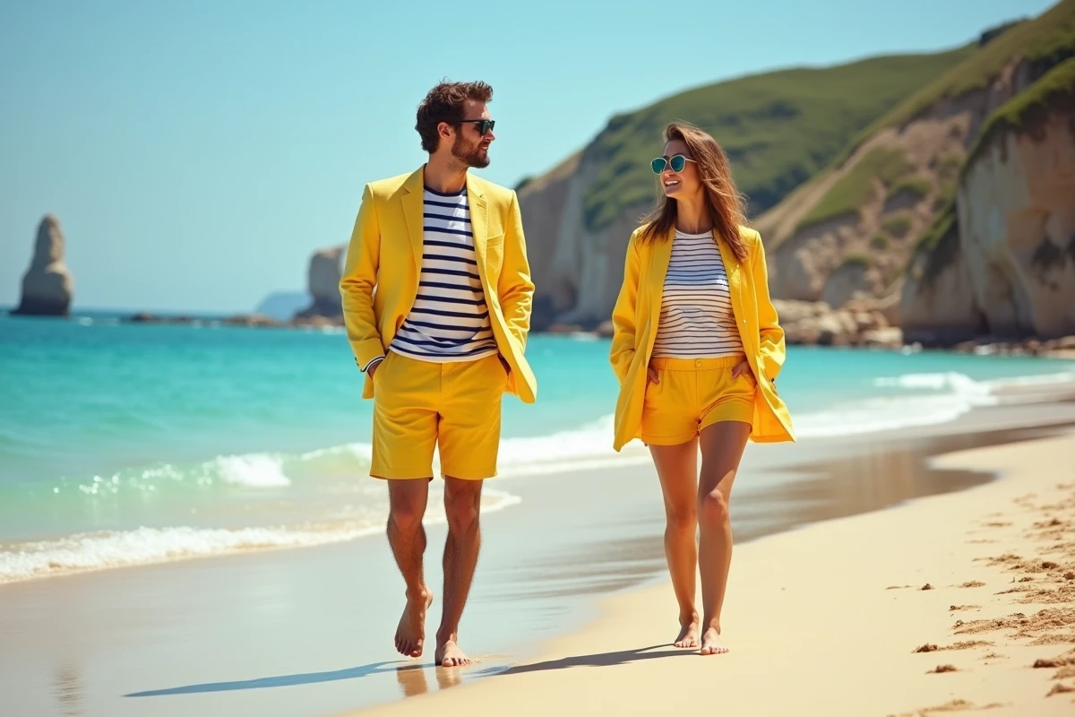 Duo d'amis en shorts de bain Ricard jaunes et tenues estivales coordonnées sur une plage rocheuse pour l'été 2026