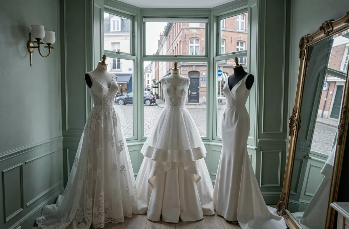 Robes de cérémonie exposées sur des mannequins dans la boutique Églantine Mariages et Cérémonies Nantes