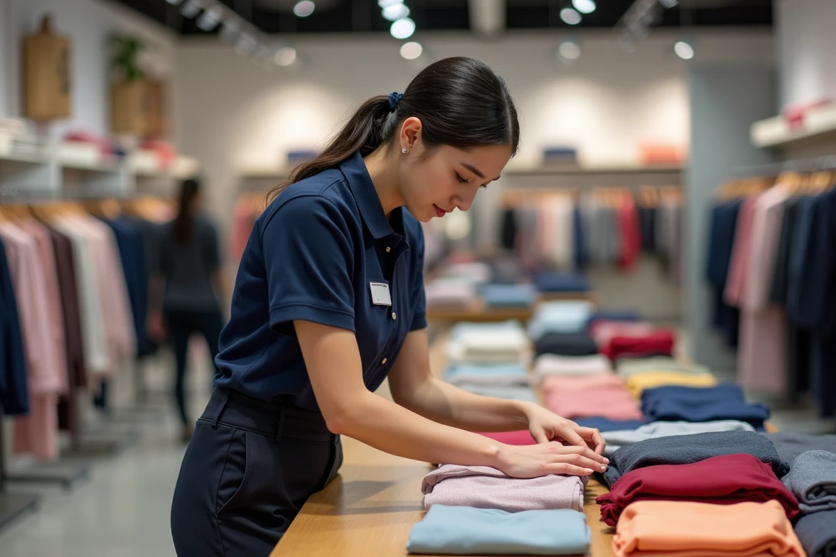 Employée H&M en uniforme pliant des vêtements sur une table de présentation en magasin