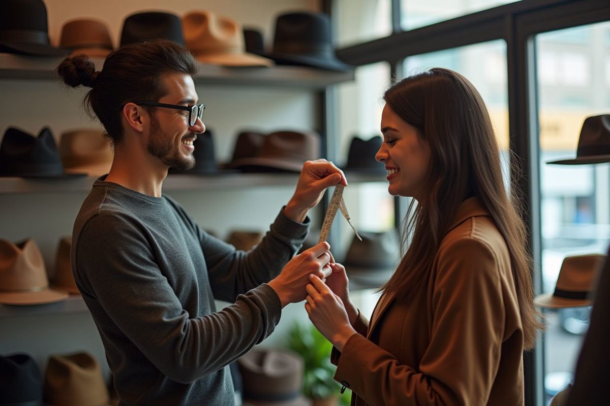 Vendeur aidant un client à mesurer sa tête avec un mètre doux