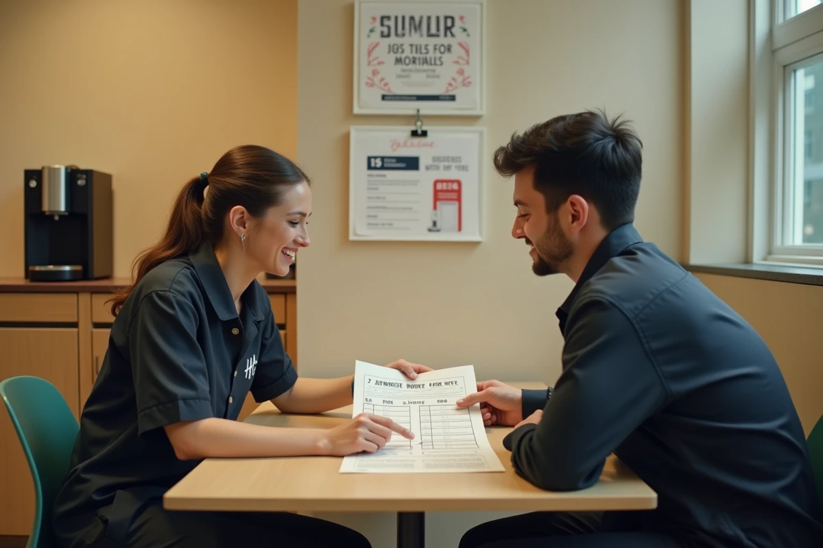 Deux employés H&M en salle de pause consultant le planning de travail hebdomadaire