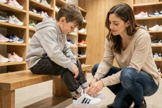 Enfant essayant des chaussures Adidas dans un magasin avec l'aide de sa mère pour vérifier la pointure