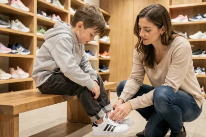 Enfant essayant des chaussures Adidas dans un magasin avec l'aide de sa mère pour vérifier la pointure