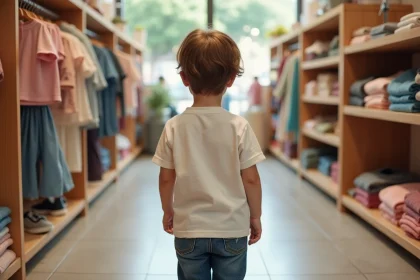 Enfant de 5 à 6 ans en taille 116 portant un jean et t-shirt dans un magasin de vêtements pour enfants