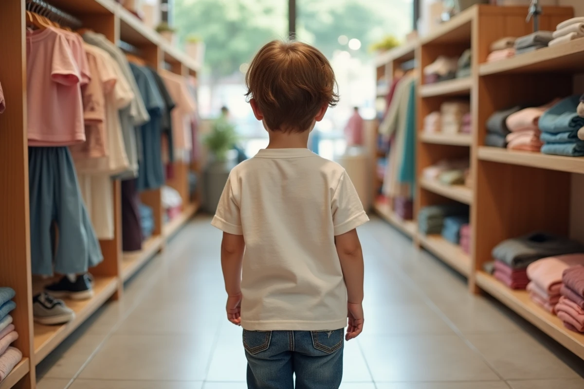 Enfant de 5 à 6 ans en taille 116 portant un jean et t-shirt dans un magasin de vêtements pour enfants