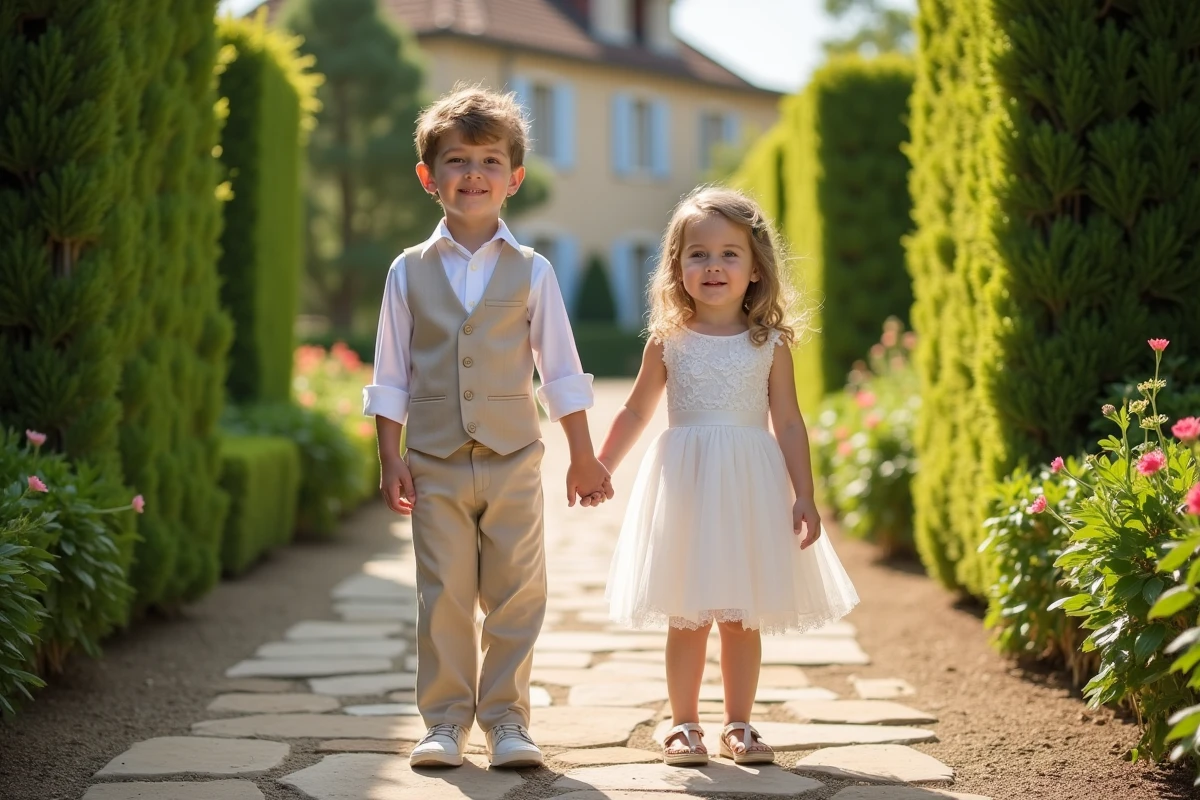 Jeune gar&ccedil;on et fille souriants dans un jardin proven&ccedil;al