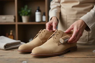Femme entretenant des chaussures en daim beige avec une brosse spécialisée avant de les ranger
