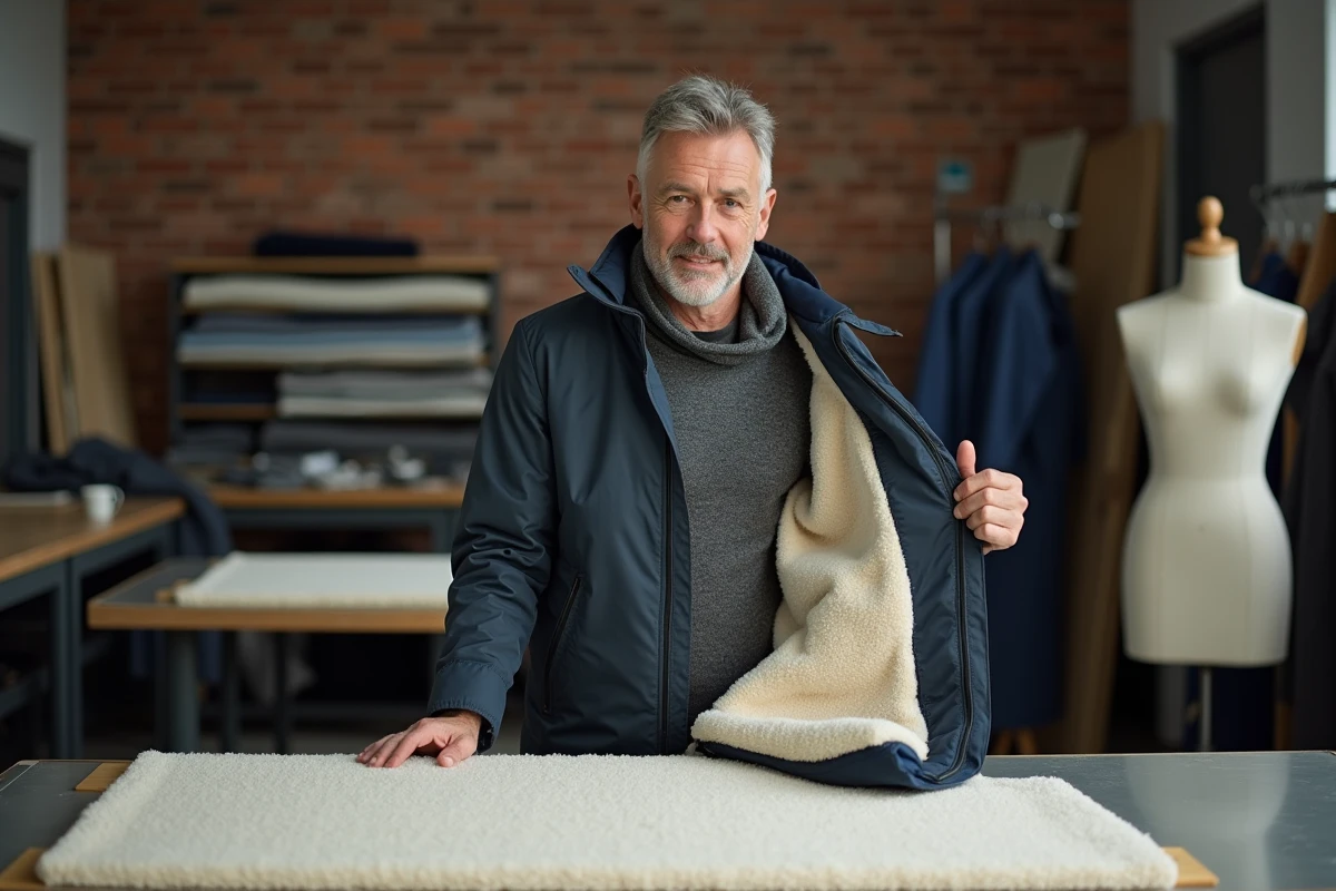 Tailleur professionnel identifiant un défaut d'alignement de la doublure sherpa dans une veste retournée