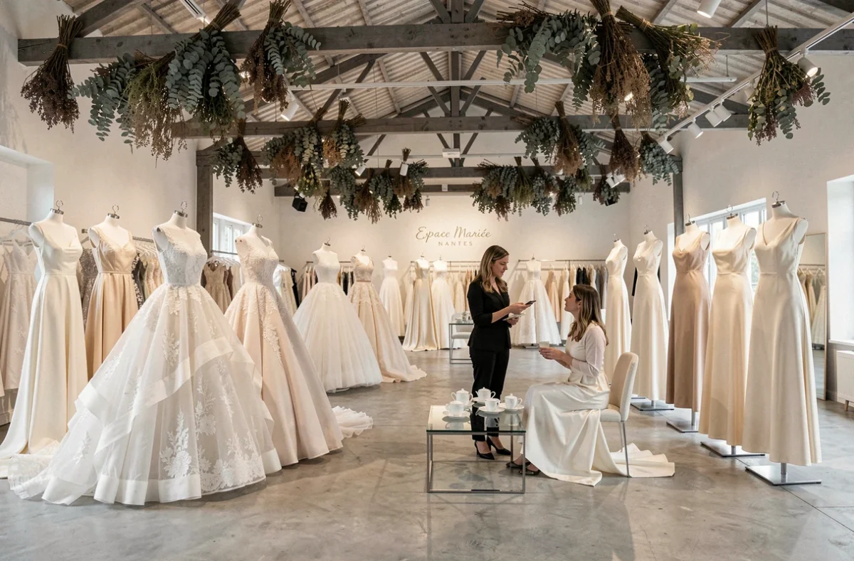 Vaste showroom de robes de mariée avec une consultante et une cliente dans l'Espace Mariée Nantes