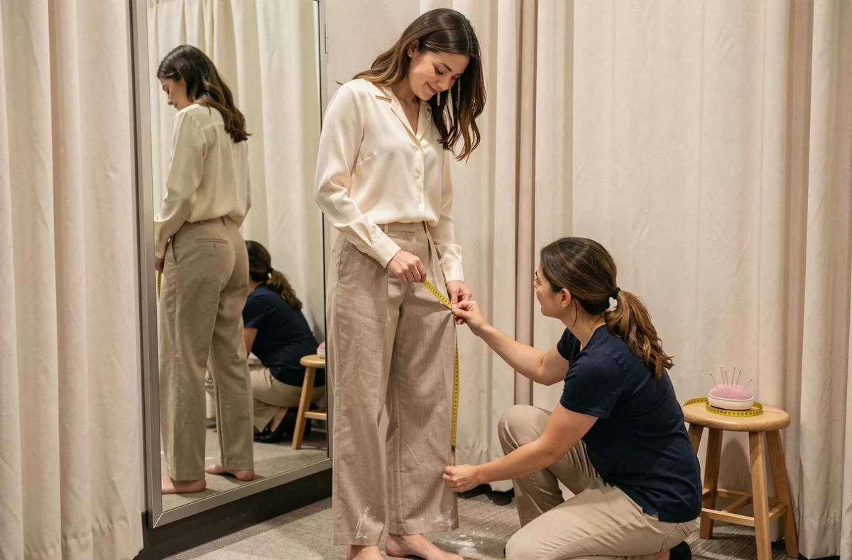 Cliente en cabine d'essayage pendant la retouche d'ourlet d'un pantalon large par une couturière