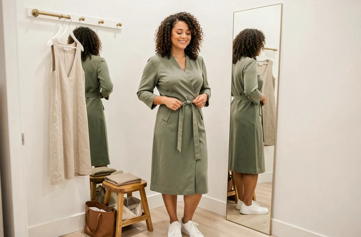 Femme essayant une robe verte de la boutique Lucie Roussel dans une cabine d'essayage lumineuse, souriant face au miroir